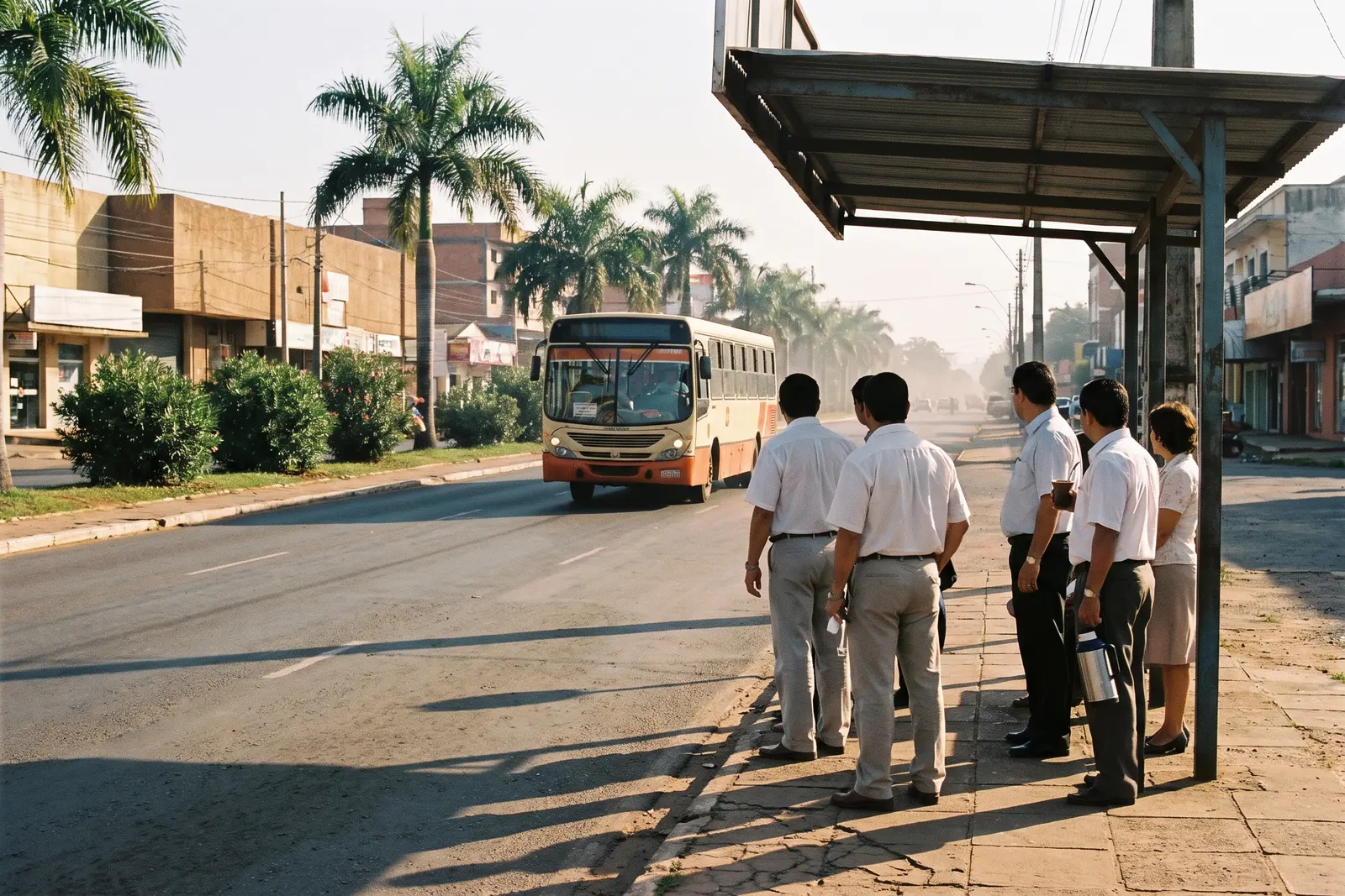 Morning commuters waiting at a bus stop on a busy avenue in Asuncion, Paraguay