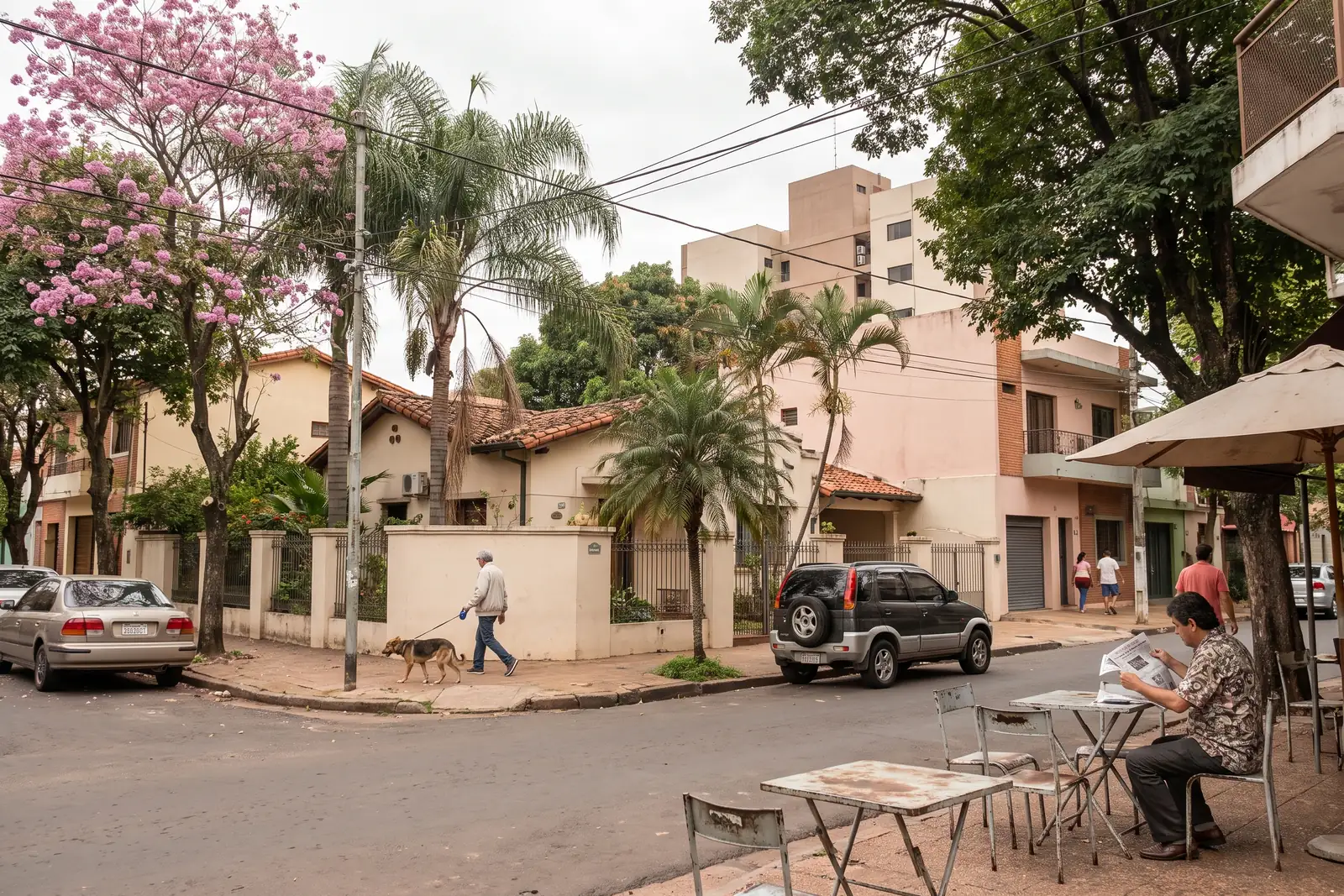 A quiet residential street with a corner cafe in a leafy Asuncion neighborhood
