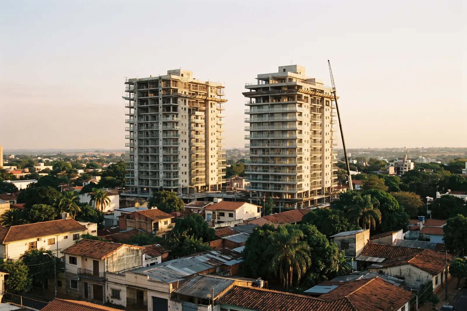 New residential apartment towers rising over low rooftops in Asuncion, Paraguay, with a construction crane