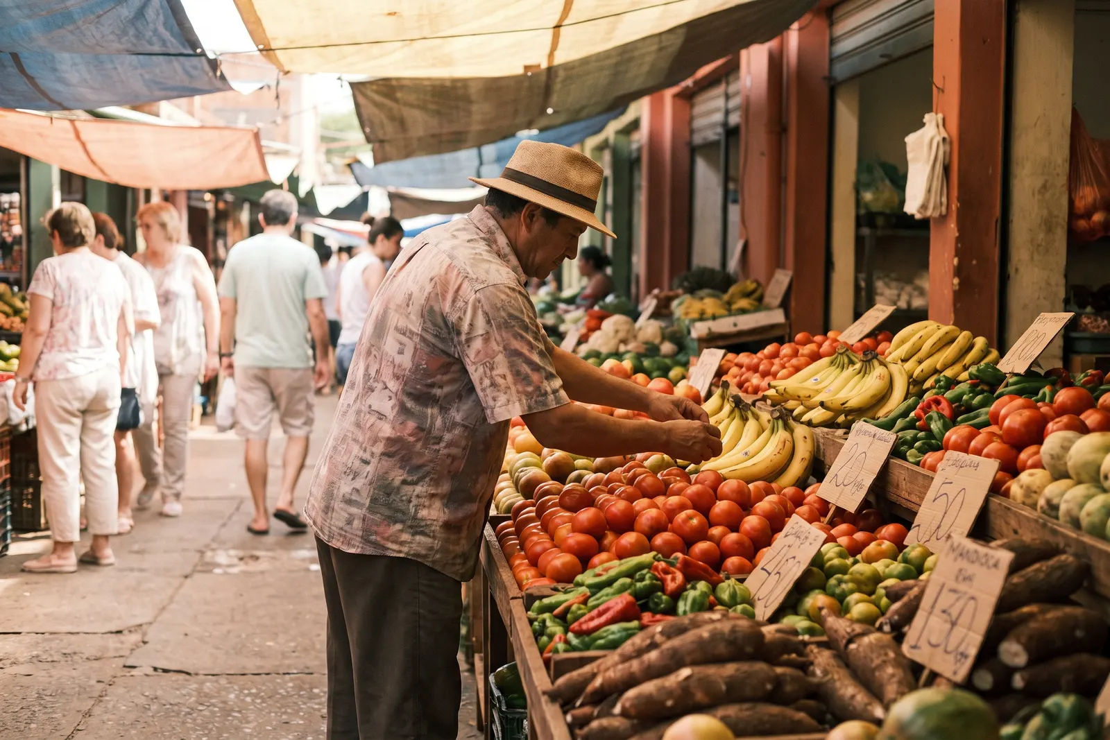 A produce stall piled with tomatoes, bananas and peppers at a street market in Asuncion, Paraguay