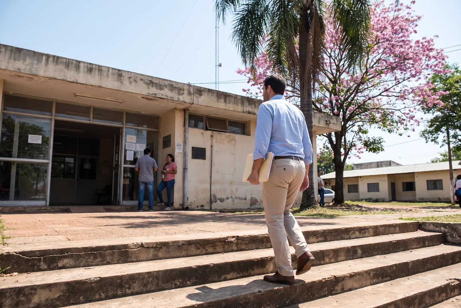 A residency applicant walking toward a government office building with a folder of documents in Asuncion, Paraguay