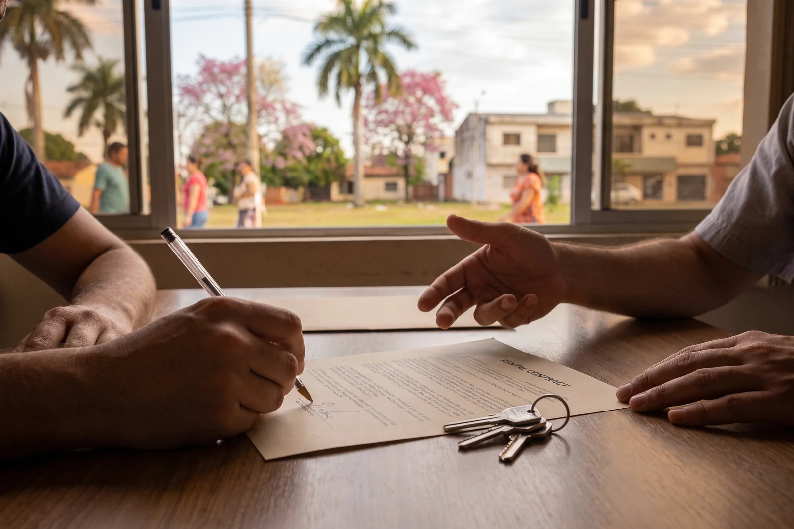 A hand signing a rental contract next to a set of apartment keys