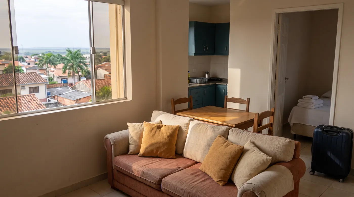 Furnished short-term rental living room in Asuncion with a suitcase by the entrance and low rooftops visible through the window