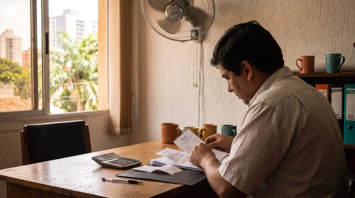 A man going through paper receipts with a calculator at a plain wooden desk in an Asuncion office