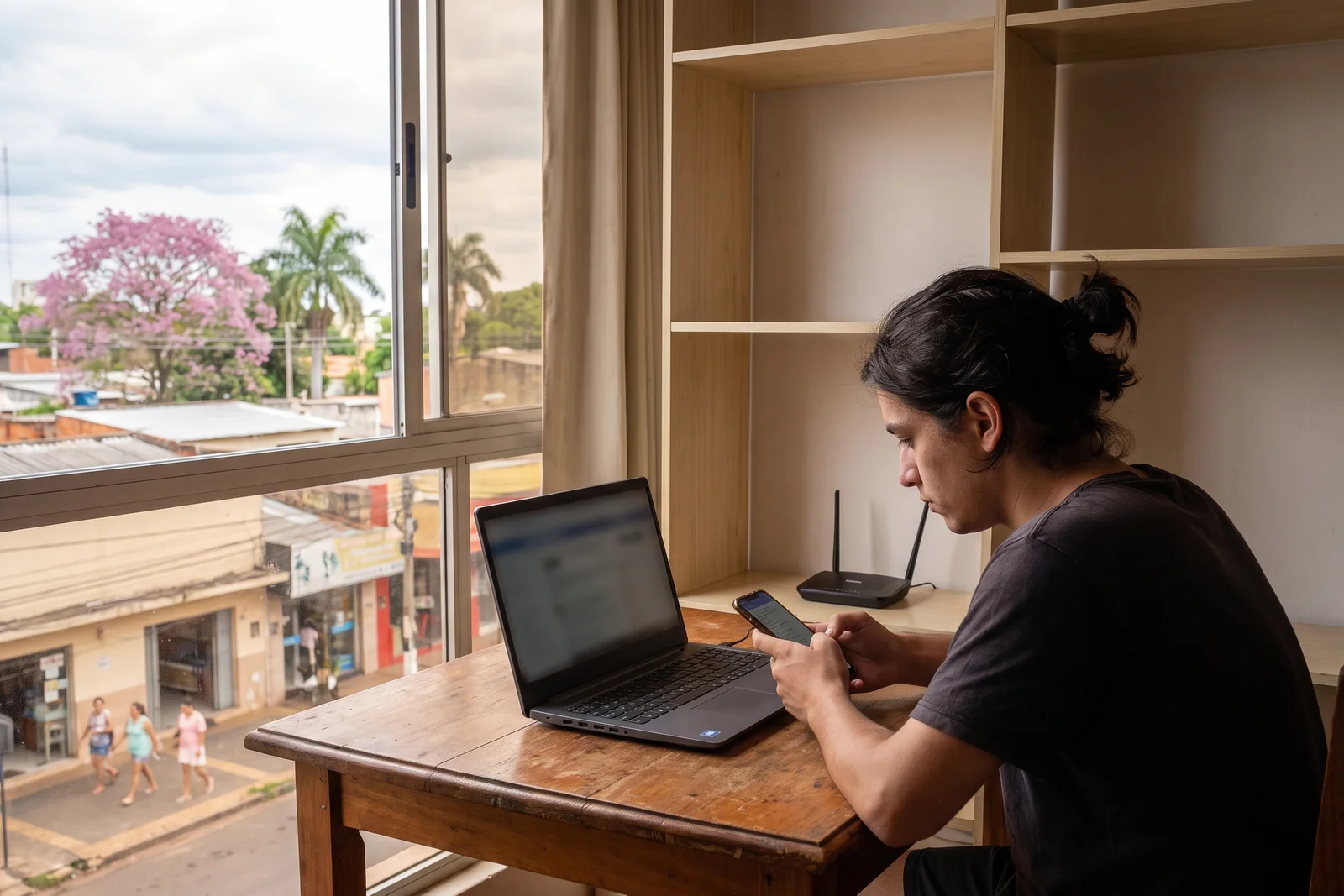 A person using a smartphone and laptop at home with a wifi router nearby