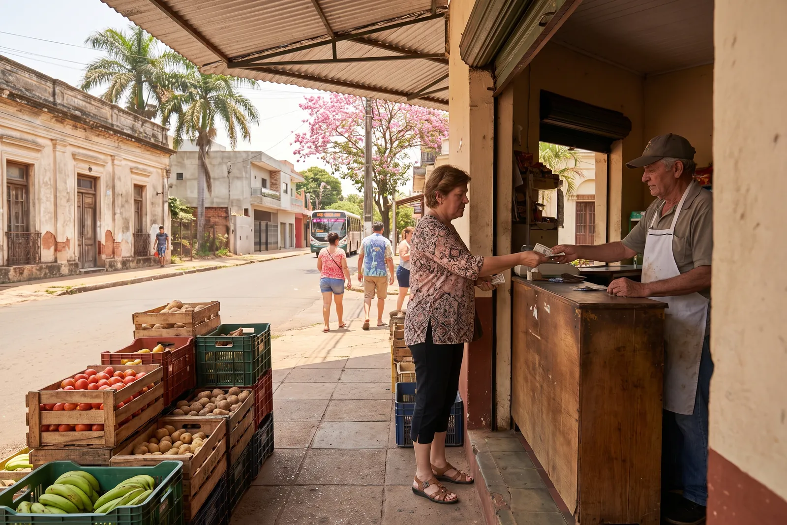 A customer paying at a small neighborhood grocery store in Asuncion, Paraguay