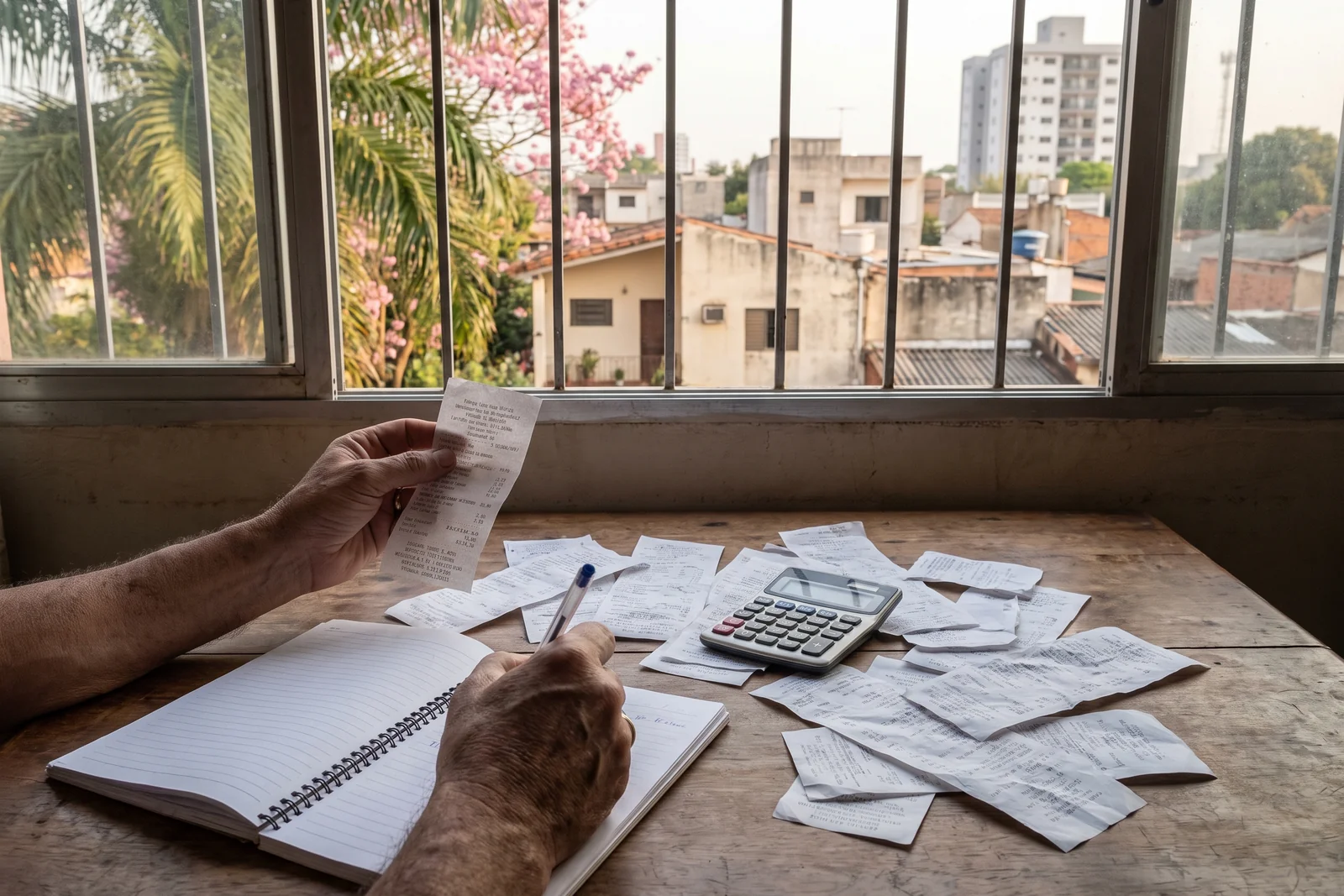 A couple reviewing grocery receipts and a budget notebook at a kitchen table
