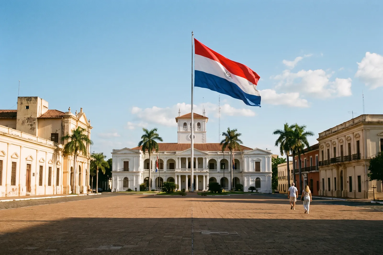A Paraguayan flag flying over a government building in central Asuncion on a clear day