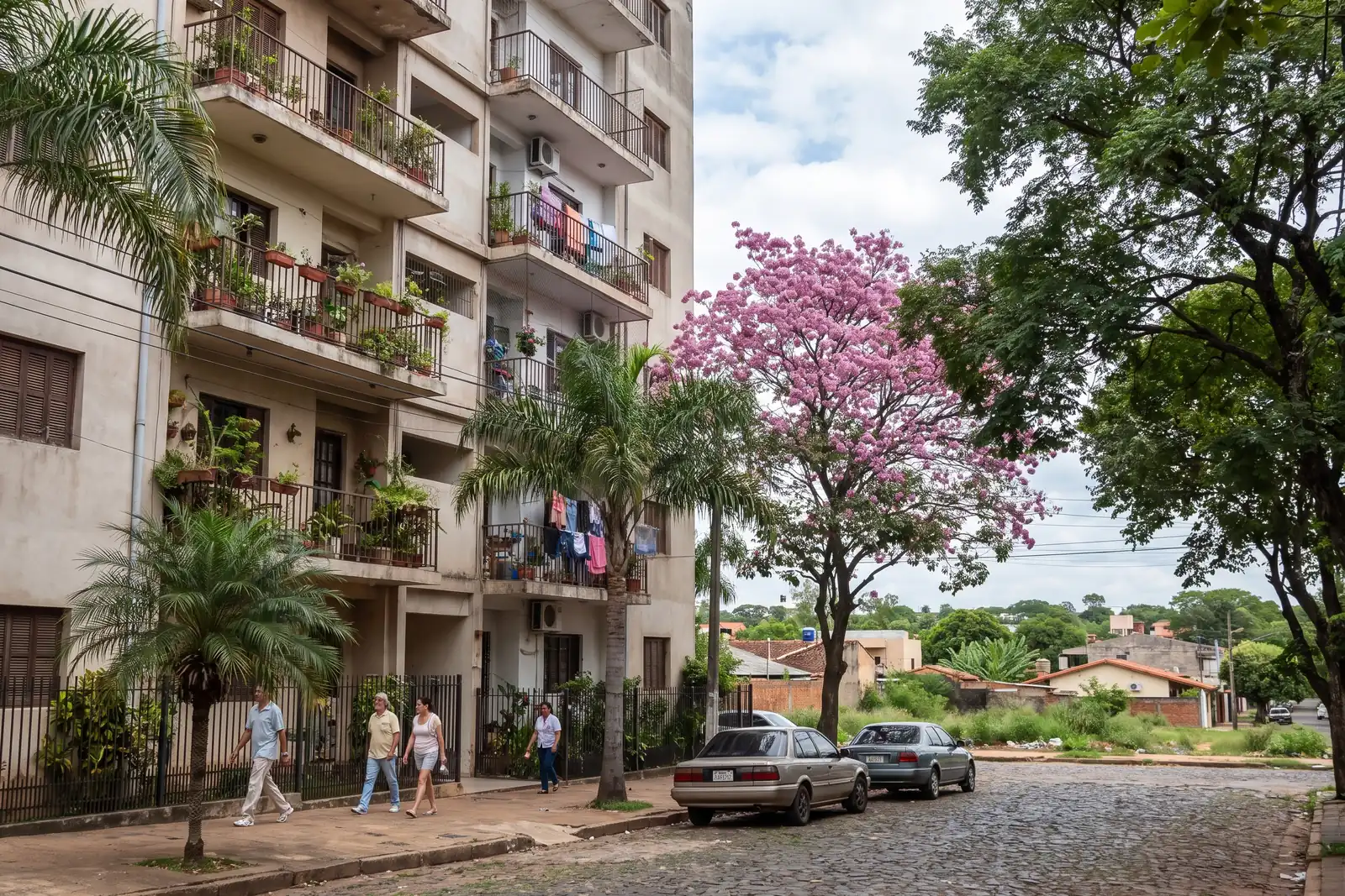 A residential apartment building facade in a leafy Asuncion neighborhood