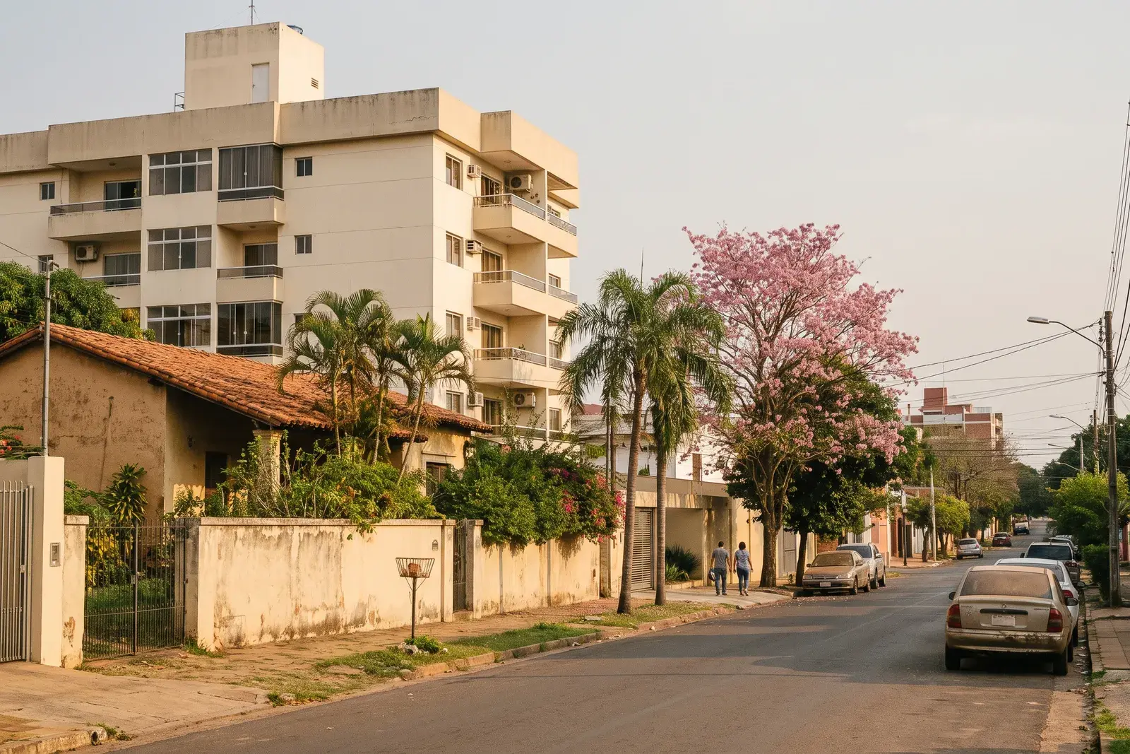A rental apartment tower and an older low-rise home side by side on a leafy Asuncion street