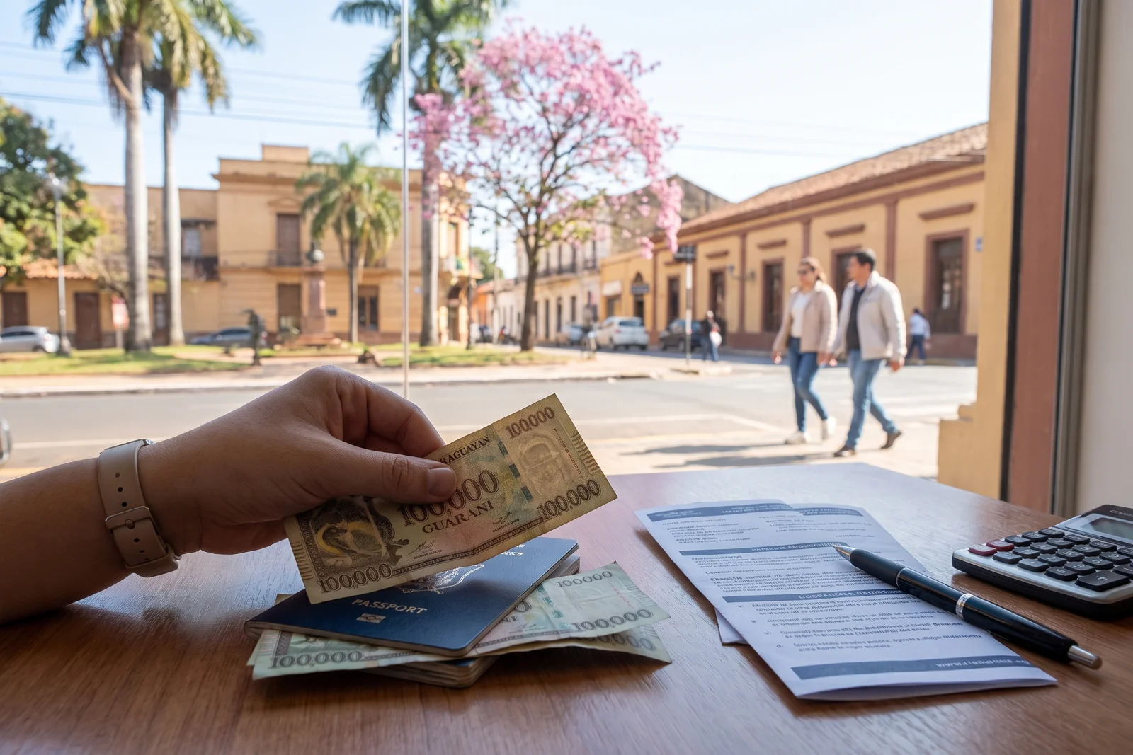 Paraguayan guarani banknotes next to a passport and documents on a table
