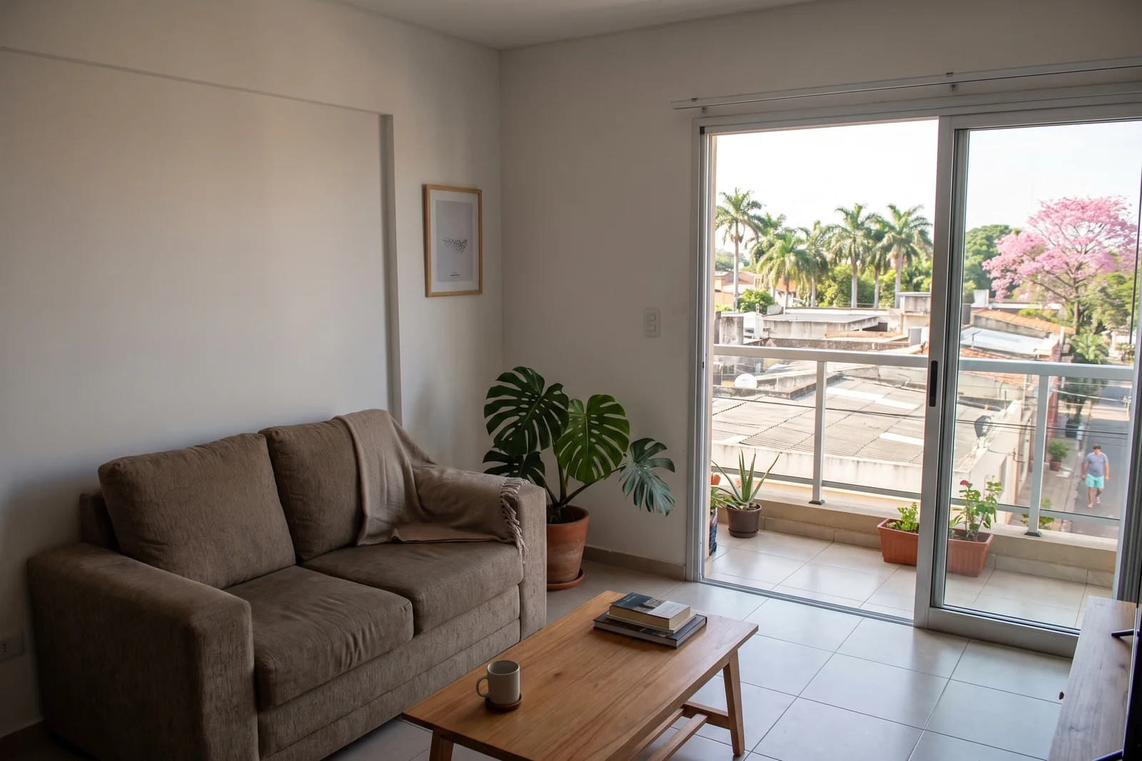 A furnished short-term-rental living room with a balcony open to Asuncion