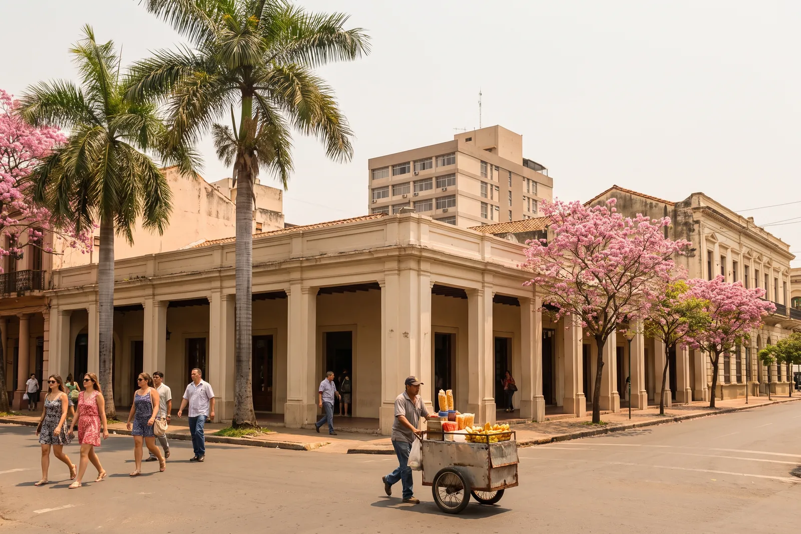 A historic downtown street corner in Asuncion, Paraguay